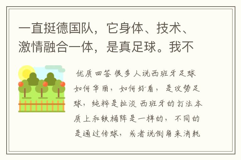 一直挺德国队，它身体、技术、激情融合一体，是真足球。我不太喜欢西班牙柔柔的踢法。你们有什么意见？