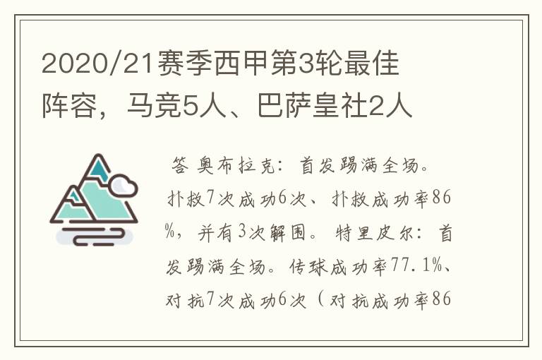 2020/21赛季西甲第3轮最佳阵容，马竞5人、巴萨皇社2人