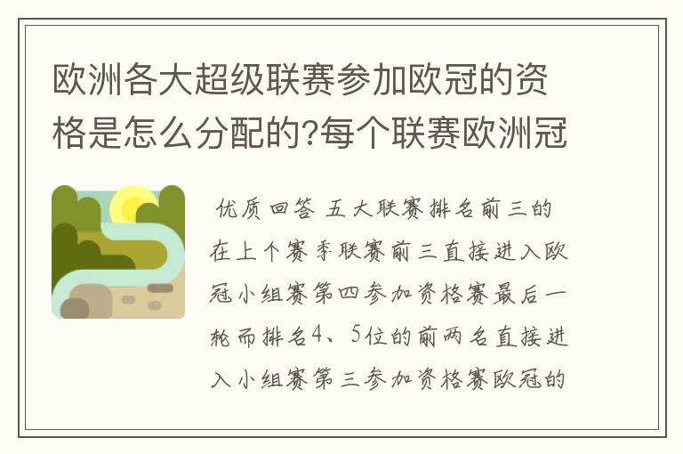 欧洲各大超级联赛参加欧冠的资格是怎么分配的?每个联赛欧洲冠军杯参赛队