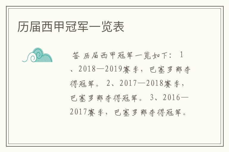 历届西甲冠军一览表