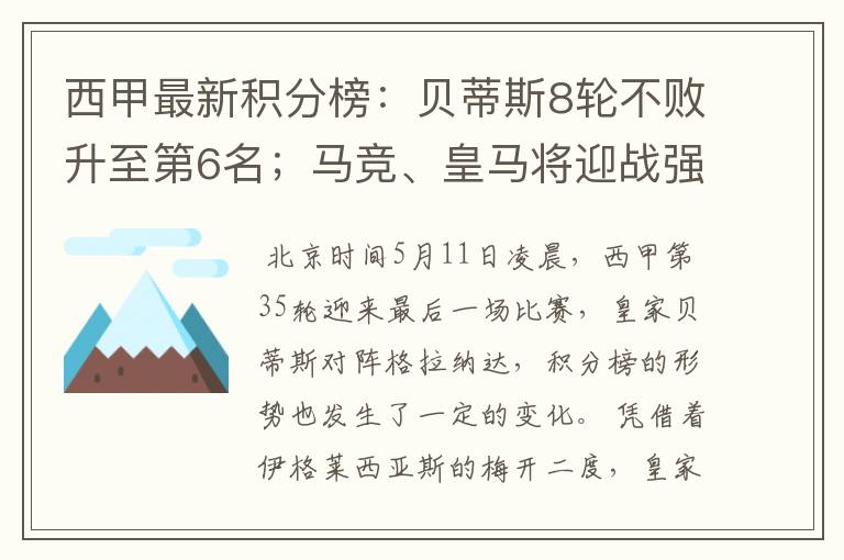 西甲最新积分榜：贝蒂斯8轮不败升至第6名；马竞、皇马将迎战强敌