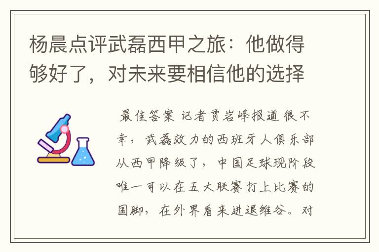 杨晨点评武磊西甲之旅：他做得够好了，对未来要相信他的选择