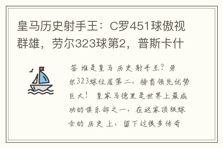 皇马历史射手王：C罗451球傲视群雄，劳尔323球第2，普斯卡什上榜