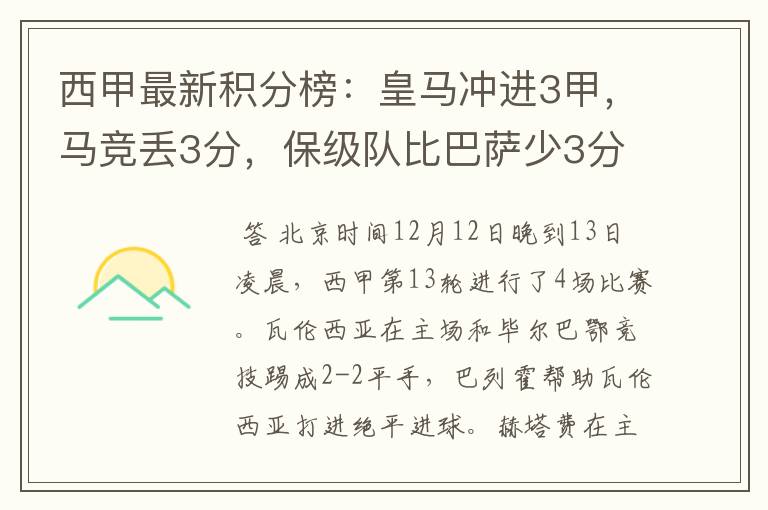 西甲最新积分榜：皇马冲进3甲，马竞丢3分，保级队比巴萨少3分