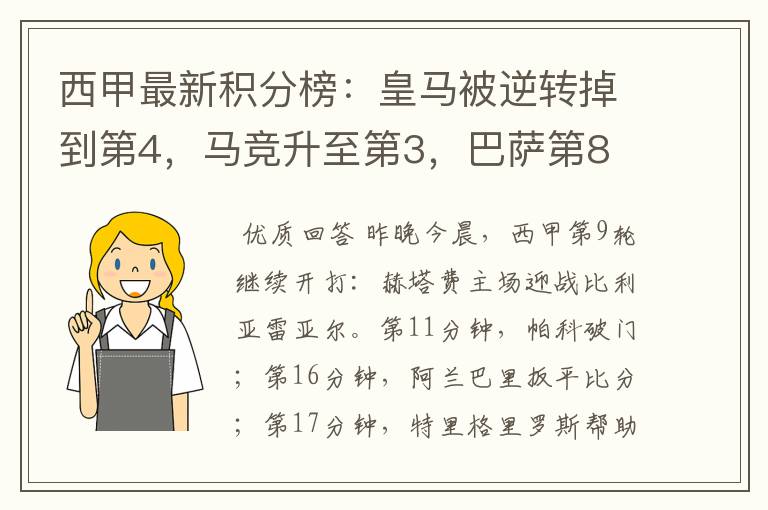 西甲最新积分榜：皇马被逆转掉到第4，马竞升至第3，巴萨第8