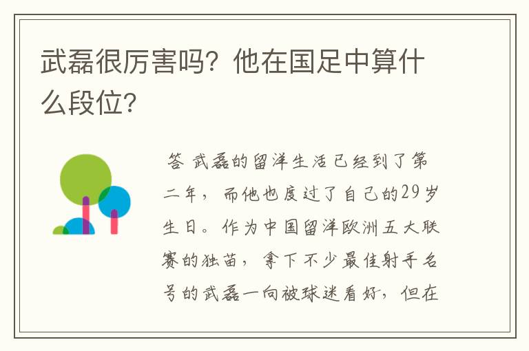 武磊很厉害吗？他在国足中算什么段位?