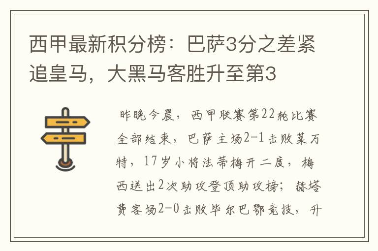 西甲最新积分榜：巴萨3分之差紧追皇马，大黑马客胜升至第3