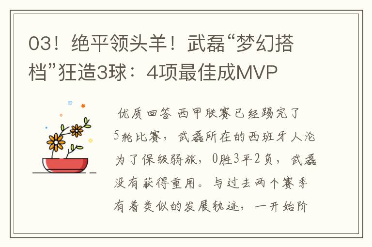 03！绝平领头羊！武磊“梦幻搭档”狂造3球：4项最佳成MVP