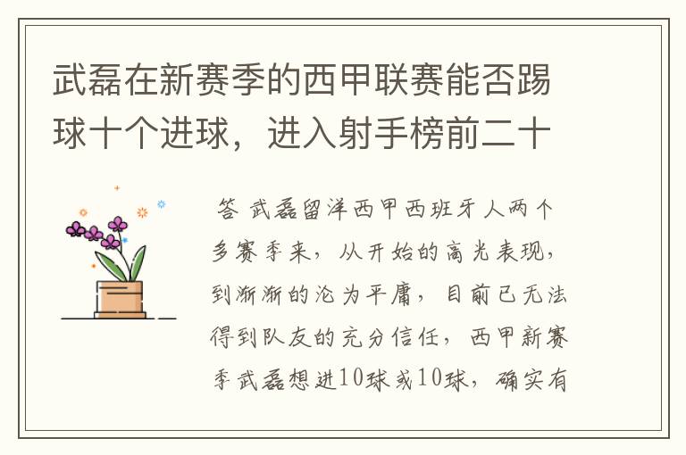 武磊在新赛季的西甲联赛能否踢球十个进球，进入射手榜前二十？