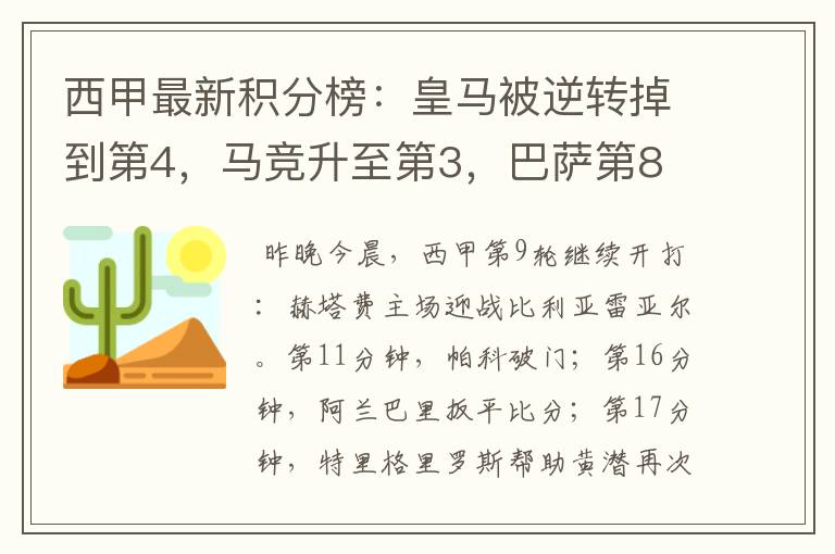 西甲最新积分榜：皇马被逆转掉到第4，马竞升至第3，巴萨第8