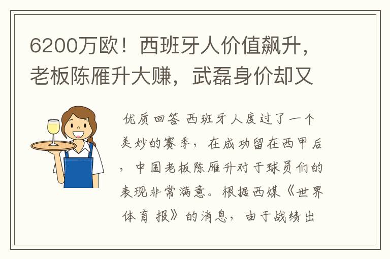 6200万欧！西班牙人价值飙升，老板陈雁升大赚，武磊身价却又缩水