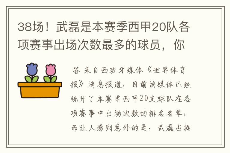 38场！武磊是本赛季西甲20队各项赛事出场次数最多的球员，你怎么看？