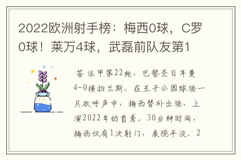 2022欧洲射手榜：梅西0球，C罗0球！莱万4球，武磊前队友第1