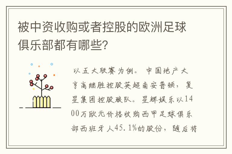 被中资收购或者控股的欧洲足球俱乐部都有哪些？