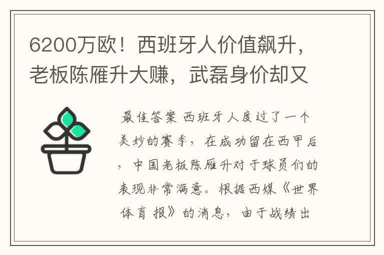 6200万欧！西班牙人价值飙升，老板陈雁升大赚，武磊身价却又缩水