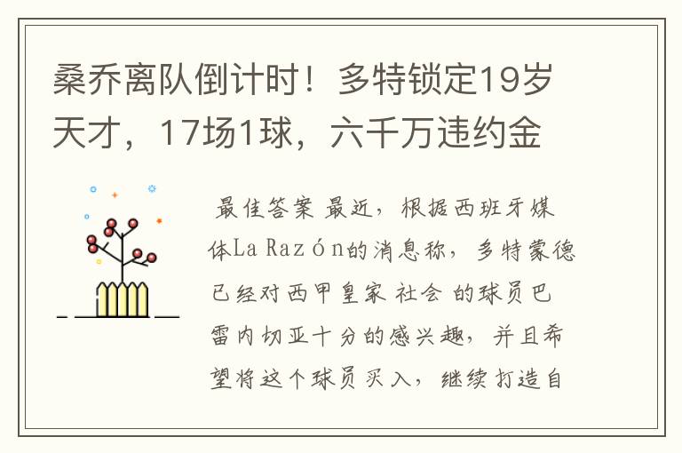 桑乔离队倒计时！多特锁定19岁天才，17场1球，六千万违约金