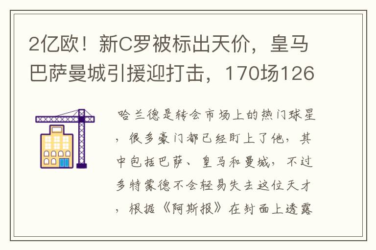 2亿欧！新C罗被标出天价，皇马巴萨曼城引援迎打击，170场126球