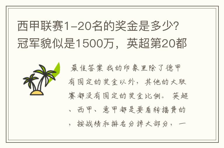 西甲联赛1-20名的奖金是多少？冠军貌似是1500万，英超第20都是4000万呀！