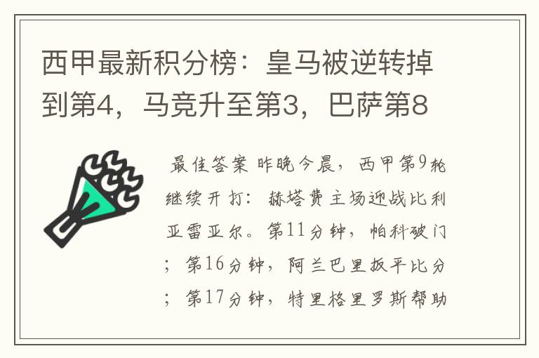 西甲最新积分榜：皇马被逆转掉到第4，马竞升至第3，巴萨第8