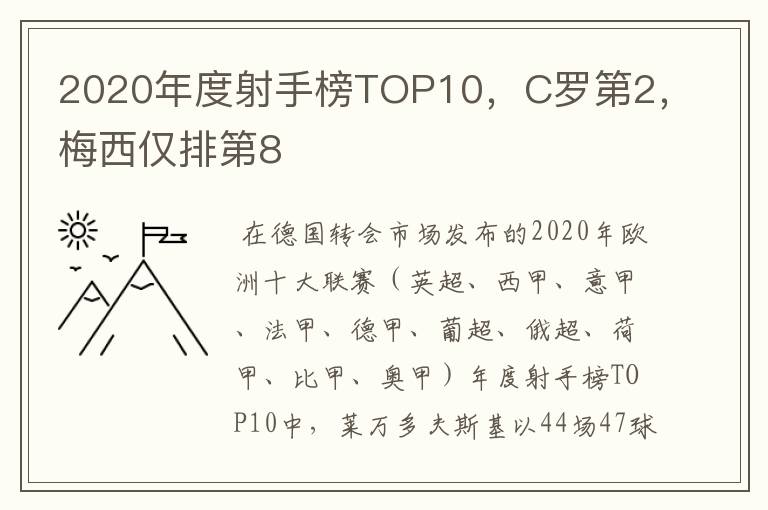 2020年度射手榜TOP10，C罗第2，梅西仅排第8