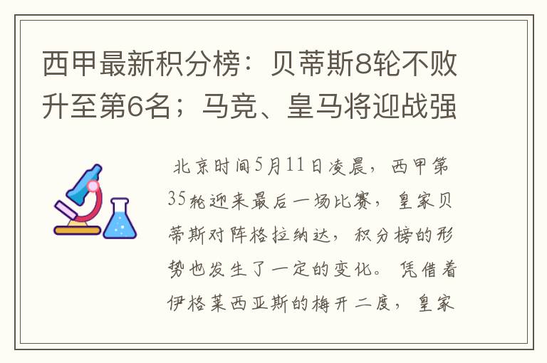 西甲最新积分榜：贝蒂斯8轮不败升至第6名；马竞、皇马将迎战强敌