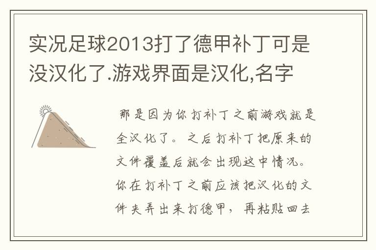 实况足球2013打了德甲补丁可是没汉化了.游戏界面是汉化,名字没有汉化.而且球队对标全乱了