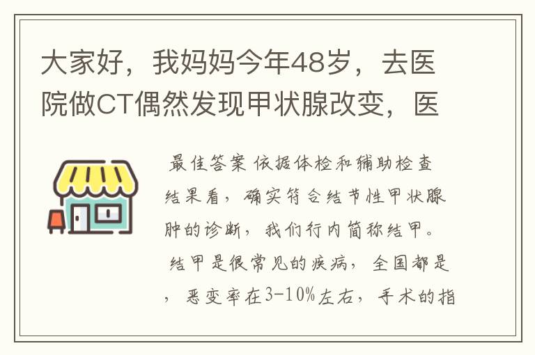 大家好，我妈妈今年48岁，去医院做CT偶然发现甲状腺改变，医生建议进一步检查，随后挂号内分泌科，医生要