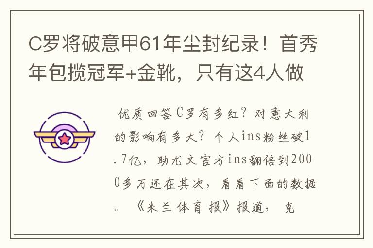 C罗将破意甲61年尘封纪录！首秀年包揽冠军+金靴，只有这4人做到