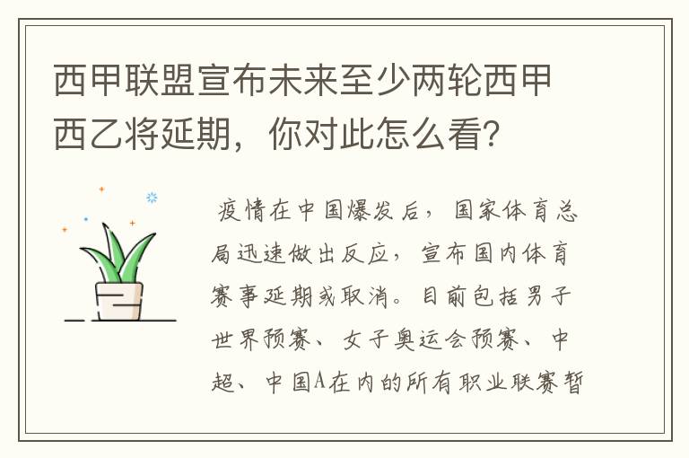 西甲联盟宣布未来至少两轮西甲西乙将延期，你对此怎么看？