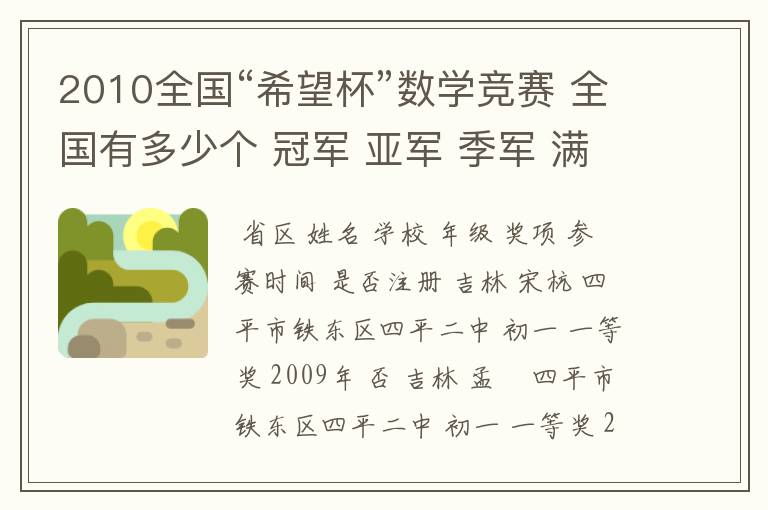 2010全国“希望杯”数学竞赛 全国有多少个 冠军 亚军 季军 满意加悬赏！