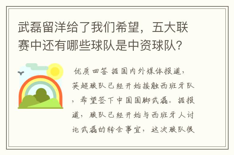 武磊留洋给了我们希望，五大联赛中还有哪些球队是中资球队？