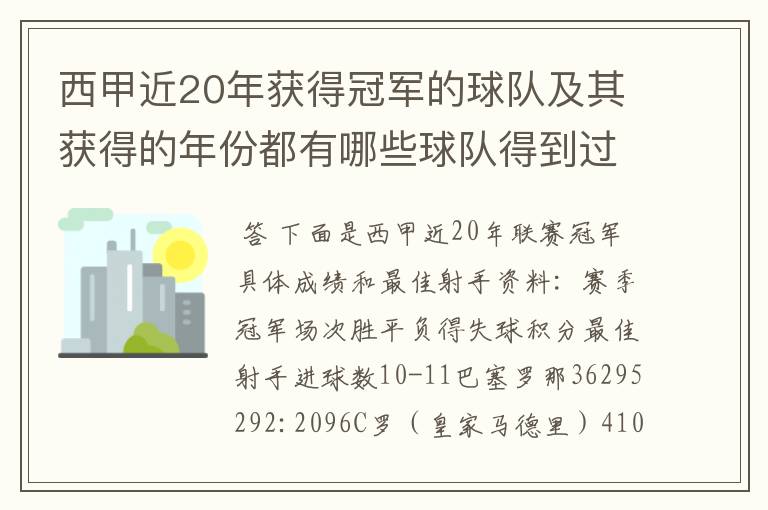 西甲近20年获得冠军的球队及其获得的年份都有哪些球队得到过意大利