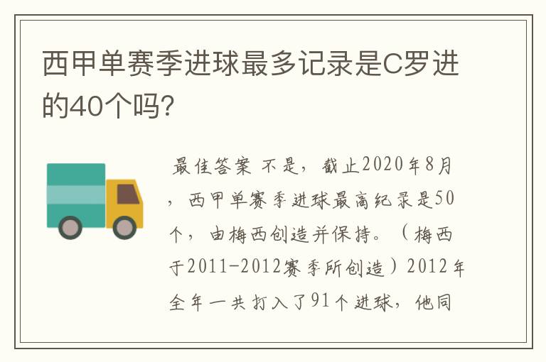 西甲单赛季进球最多记录是C罗进的40个吗？