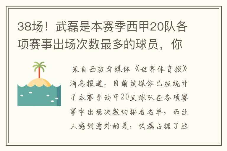 38场！武磊是本赛季西甲20队各项赛事出场次数最多的球员，你怎么看？