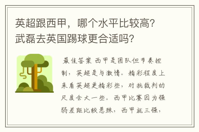 英超跟西甲，哪个水平比较高？武磊去英国踢球更合适吗？