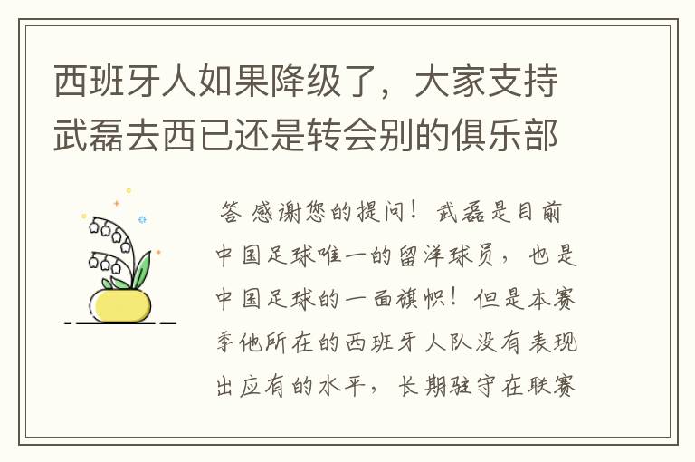 西班牙人如果降级了，大家支持武磊去西已还是转会别的俱乐部？