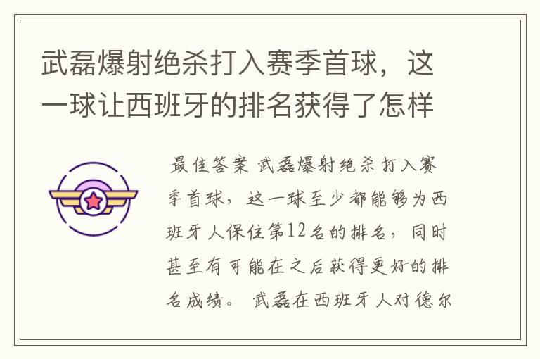 武磊爆射绝杀打入赛季首球，这一球让西班牙的排名获得了怎样的提升？