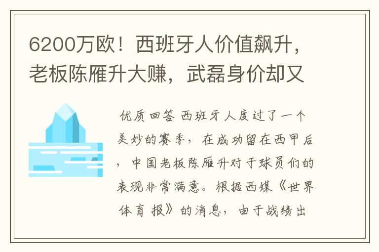 6200万欧！西班牙人价值飙升，老板陈雁升大赚，武磊身价却又缩水