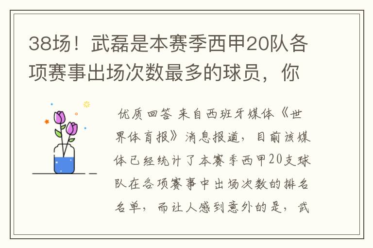 38场！武磊是本赛季西甲20队各项赛事出场次数最多的球员，你怎么看？