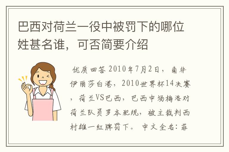 巴西对荷兰一役中被罚下的哪位姓甚名谁，可否简要介绍