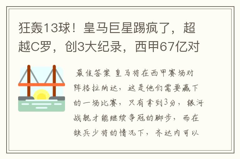 狂轰13球！皇马巨星踢疯了，超越C罗，创3大纪录，西甲67亿对决