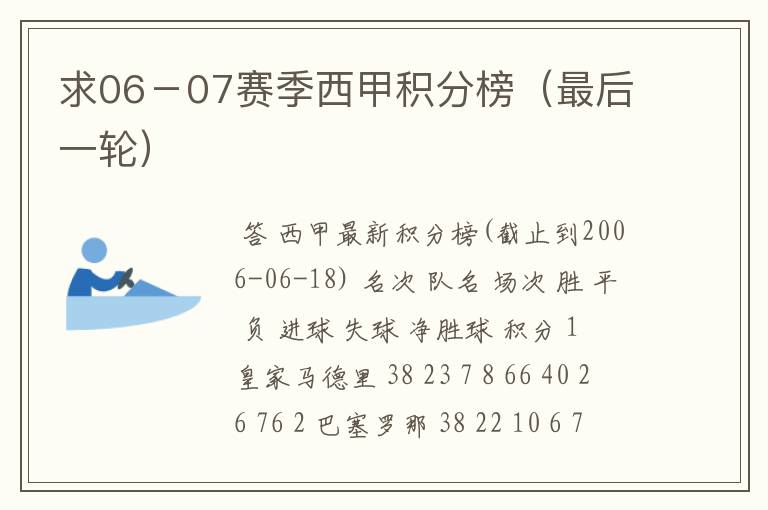 求06－07赛季西甲积分榜（最后一轮）