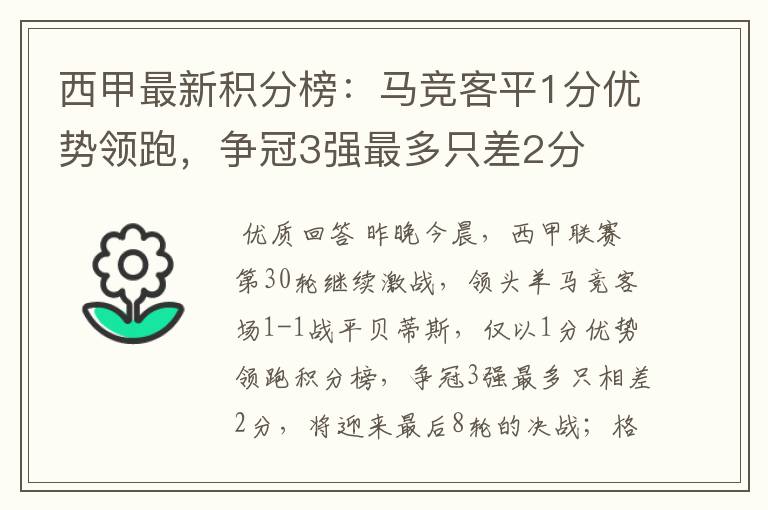 西甲最新积分榜：马竞客平1分优势领跑，争冠3强最多只差2分