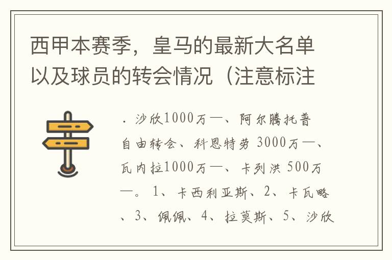 西甲本赛季，皇马的最新大名单以及球员的转会情况（注意标注球员身价）