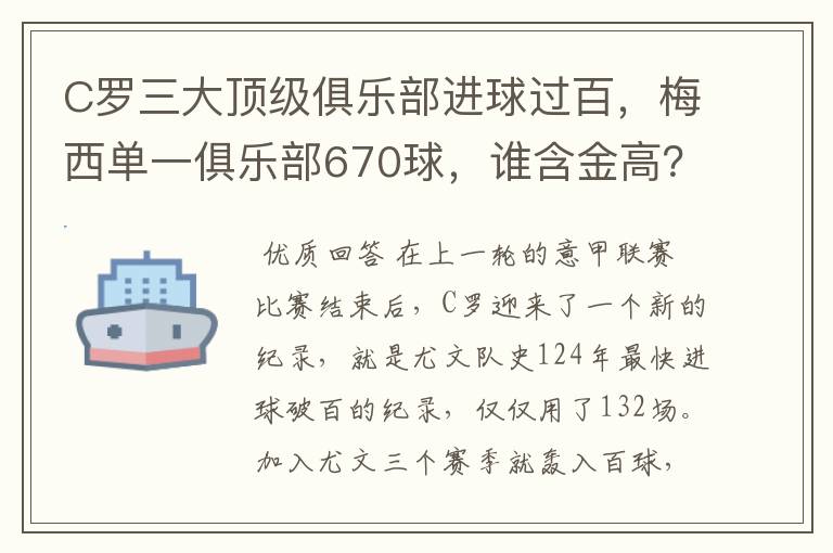 C罗三大顶级俱乐部进球过百，梅西单一俱乐部670球，谁含金高？