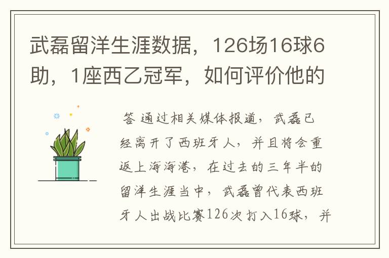 武磊留洋生涯数据，126场16球6助，1座西乙冠军，如何评价他的表现？