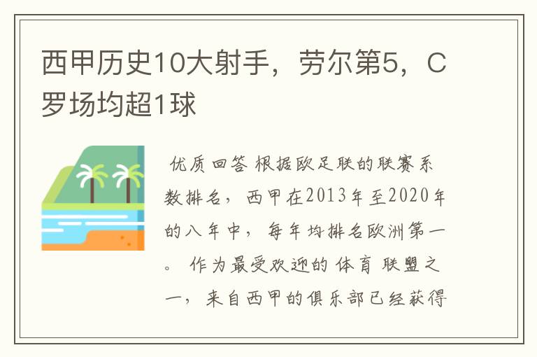 西甲历史10大射手，劳尔第5，C罗场均超1球