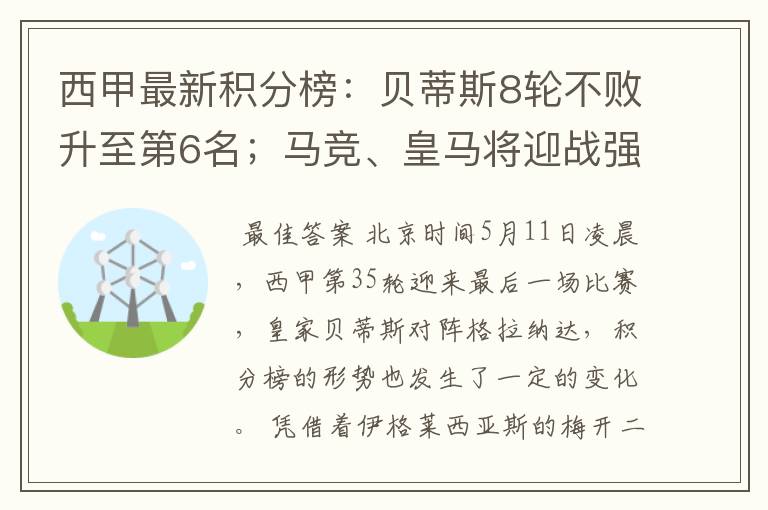 西甲最新积分榜：贝蒂斯8轮不败升至第6名；马竞、皇马将迎战强敌