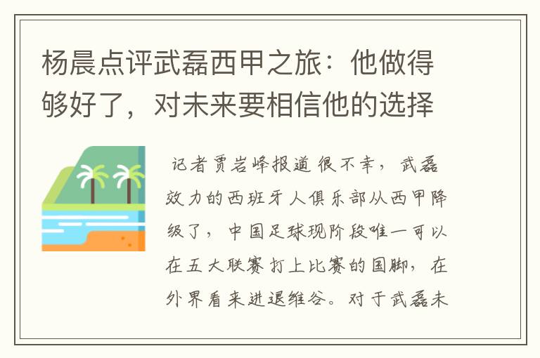 杨晨点评武磊西甲之旅：他做得够好了，对未来要相信他的选择