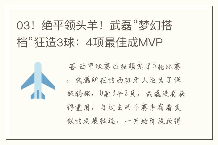 03！绝平领头羊！武磊“梦幻搭档”狂造3球：4项最佳成MVP